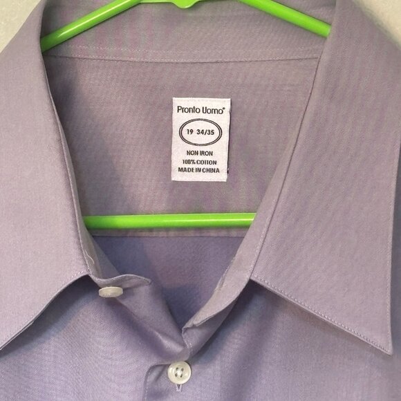 Pronto Uomo Mens Non-Iron Lavender Dress Shirt 19 34/35 100% Cotton Button-Up - Picture 2 of 11
